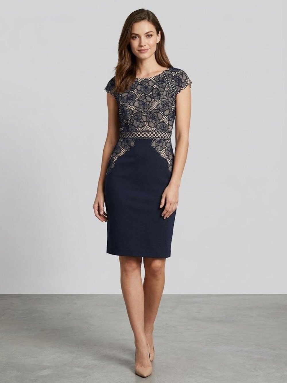 Antonio Melani Womens Sheath Dress 0 Navy Ivory Floral Lace Cap Sleeve Cocktail